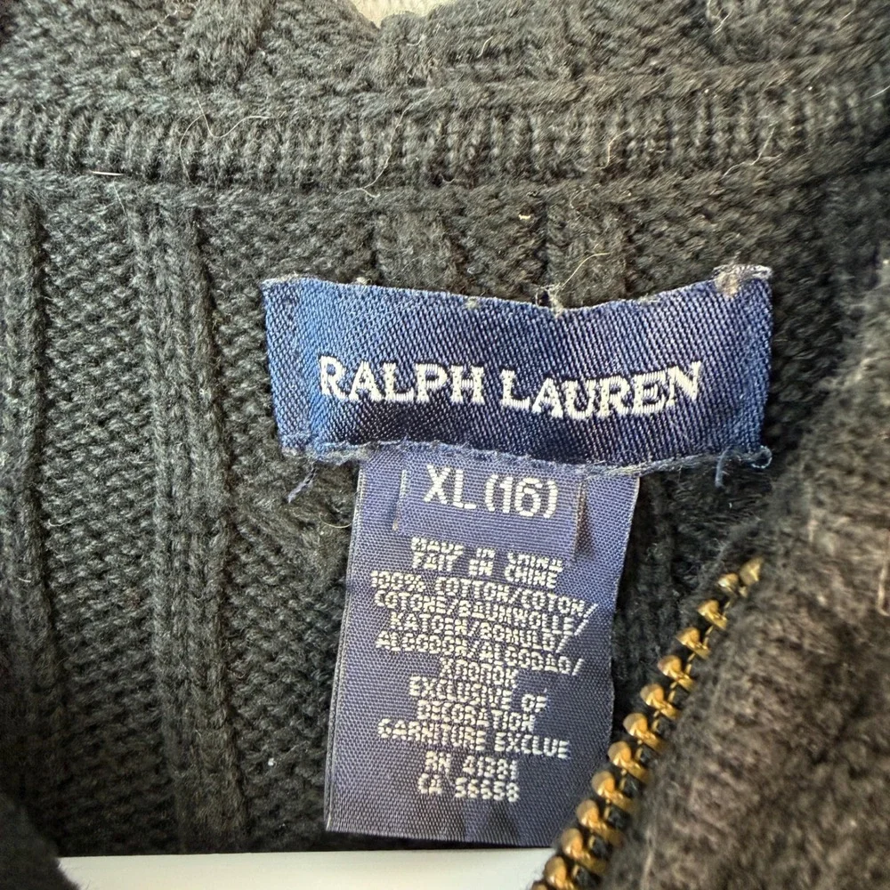 Ralph Lauren Hoodie Girl XL 16 Black Cable Knit Full Zip Sweater Pony Classic
